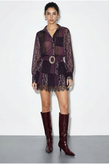 Patterned Tulle Dress with Lace Detail, Belt and Ruffles - Image 4