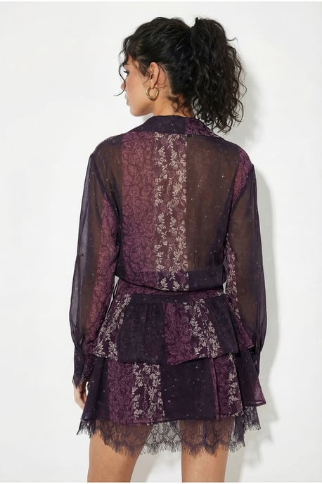Patterned Tulle Dress with Lace Detail, Belt and Ruffles - Image 5