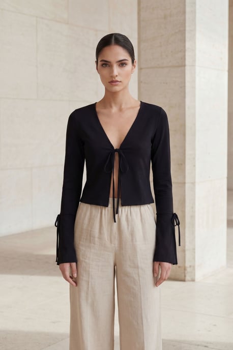Crop Tie Detail V-Neck Linen Shirt - Image 1