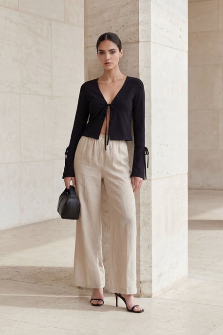 Crop Tie Detail V-Neck Linen Shirt - Image 4