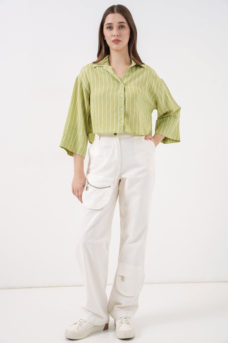 Oversized Randig Croppad Skjorta med Knappar - Image 2