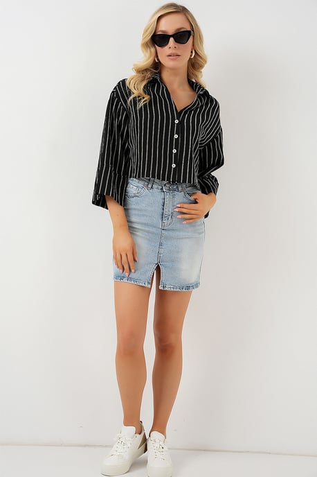Oversized Gestreepte Cropped Shirt met Knopen sluiting - Image 2