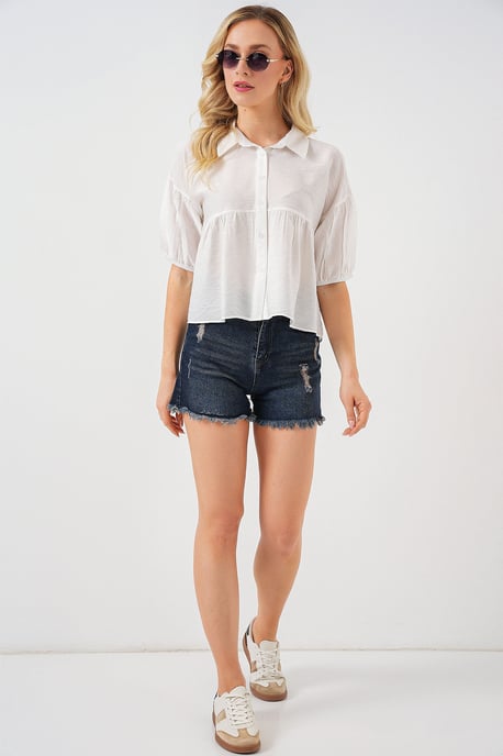 Losse Cropped Knop-Up Shirt met Kraag - Image 2