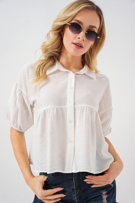 Losse Cropped Knop-Up Shirt met Kraag - Image 3