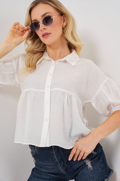 Losse Cropped Knop-Up Shirt met Kraag - Image 4