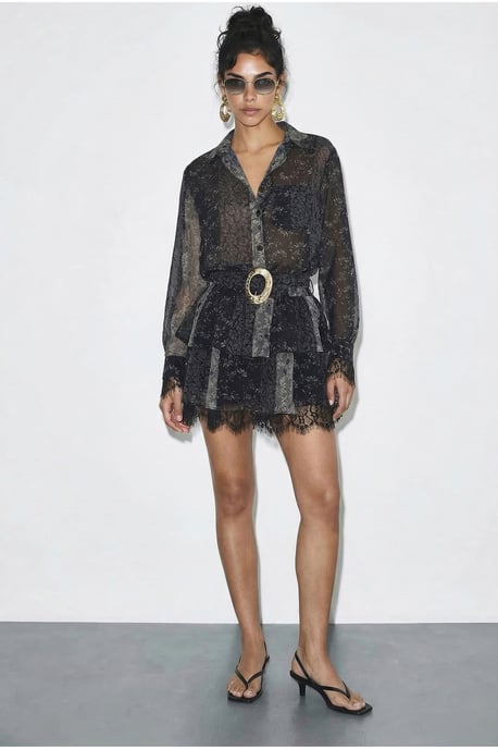 Patterned Tulle Dress with Lace Detail, Belt and Ruffles - Image 1