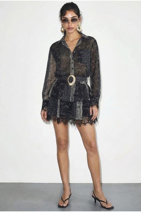 Patterned Tulle Dress with Lace Detail, Belt and Ruffles - Image 2