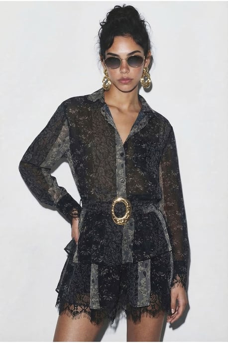 Patterned Tulle Dress with Lace Detail, Belt and Ruffles - Image 3
