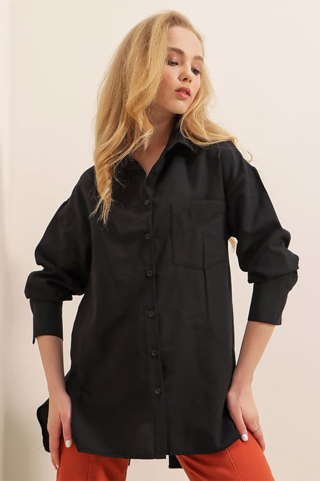 Loose Fit Poplin Button-Up Shirt with Pocket - Image 2