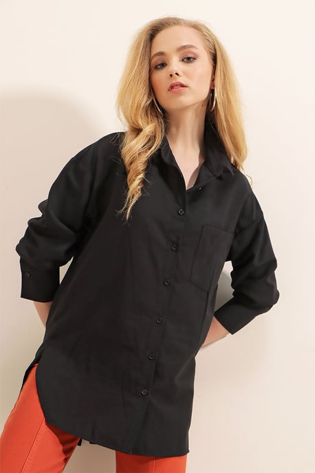 Loose Fit Poplin Button-Up Shirt with Pocket - Image 3