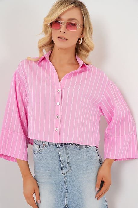 Oversized Gestreepte Cropped Shirt met Knoopsluiting - Image 4