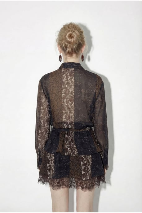 Patronen Tulle Jurk met Kantdetail, Riem en Volants - Image 5