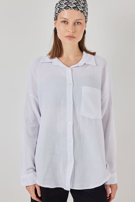 Oversized Pocket Detailed Linen Blended Shirt - Image 3