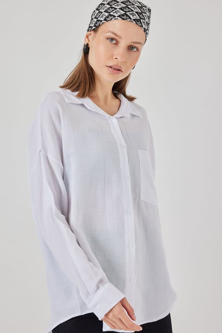 Oversized Pocket Detailed Linen Blended Shirt - Image 4