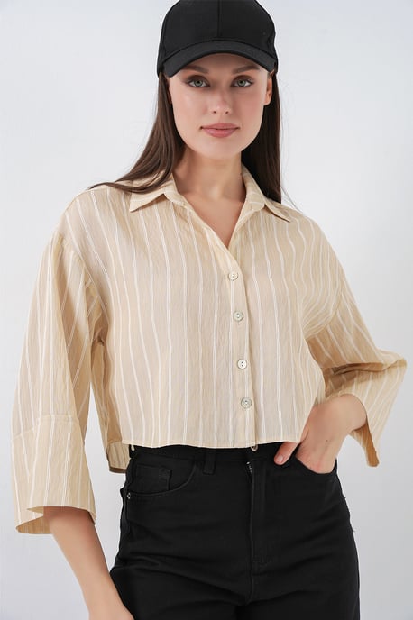 Oversized randig kortärmad skjorta med knäppning - Image 4
