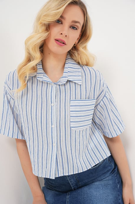 Striped Crop Shirt with Pocket - Image 4