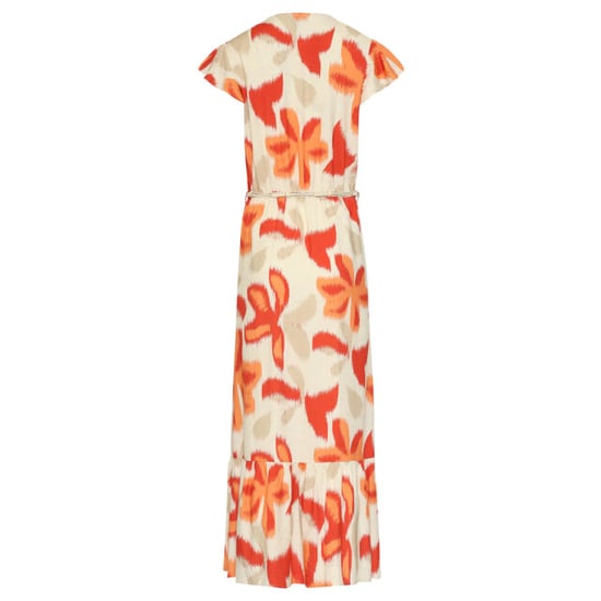 Smashed Lemon Lange jurk met oranje en beige bloem print en taillekoord | - Image 2