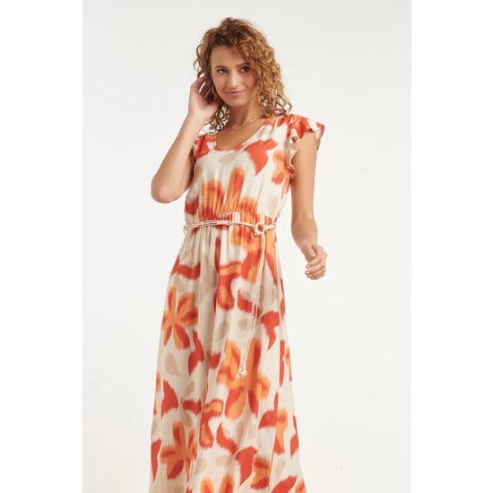 Smashed Lemon Lange jurk met oranje en beige bloem print en taillekoord | - Image 3