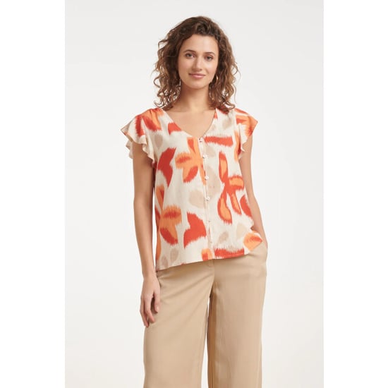 Smashed Lemon Oranje bloe print blouse met knoopsluiting en korte mouwen | - Image 1