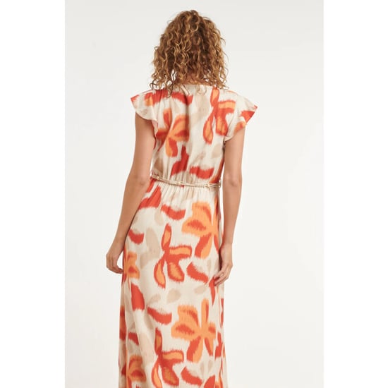 Smashed Lemon Lange jurk met oranje en beige bloem print en taillekoord | - Image 5