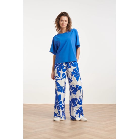 Smashed Lemon Blauwe palazzo broek met witte bloemenprint en elastische taille | - Image 4