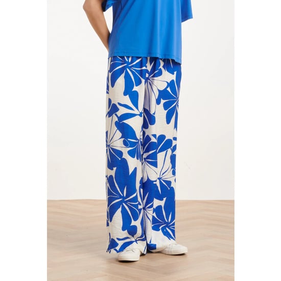 Smashed Lemon Blauwe palazzo broek met witte bloemenprint en elastische taille | - Image 5