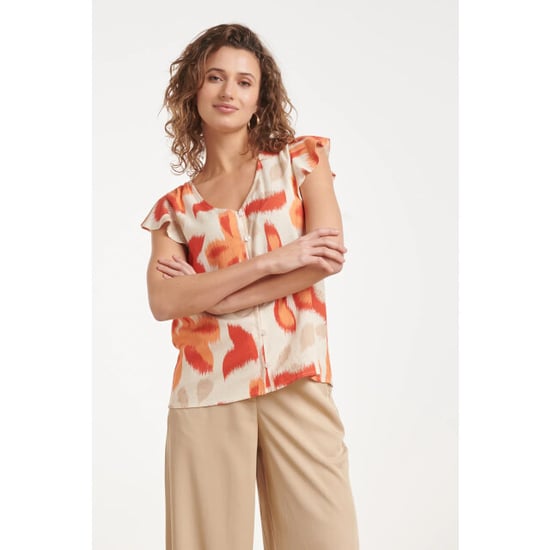 Smashed Lemon Oranje bloe print blouse met knoopsluiting en korte mouwen | - Image 6