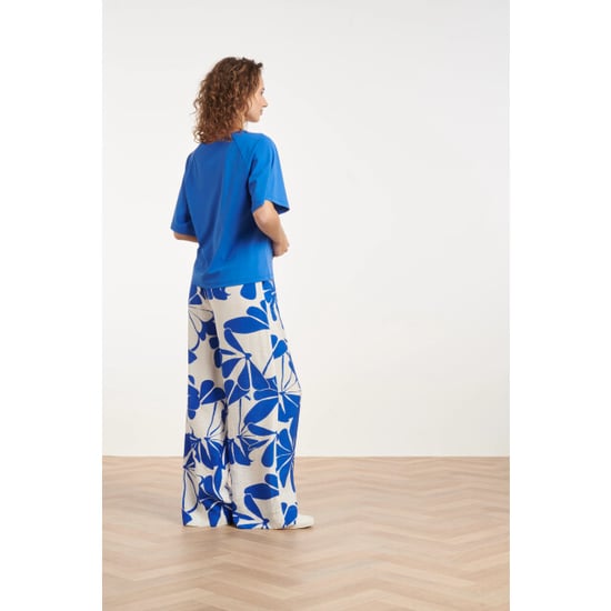 Smashed Lemon Blauwe palazzo broek met witte bloemenprint en elastische taille | - Image 6