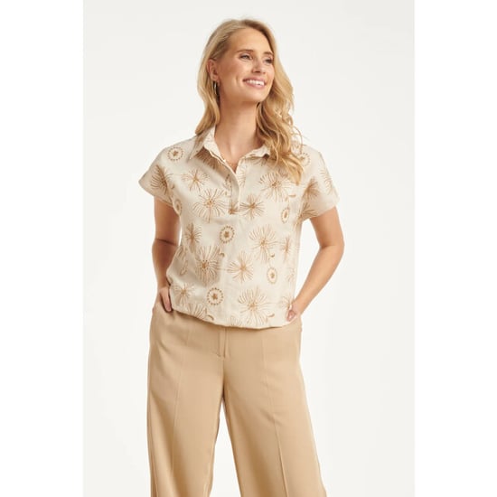 Smashed Lemon Beige top met geborduurde bloemen en polo kraag | - Image 6