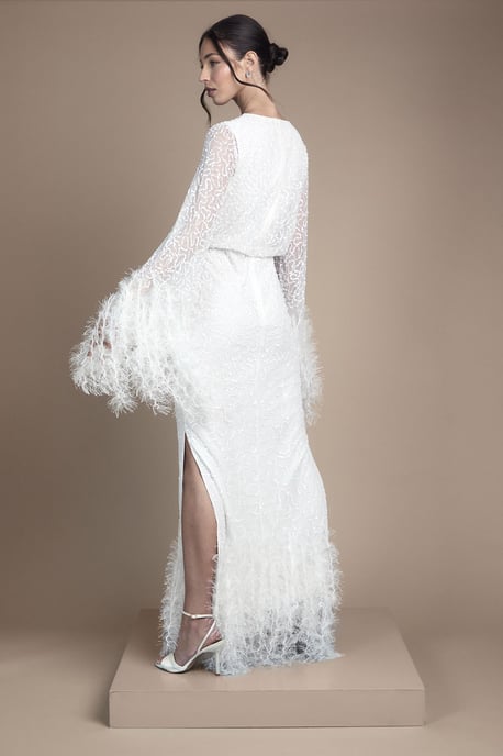 Sequin Embellished Feather Trim Long Sleeve Maxi Wedding Dress - Image 3