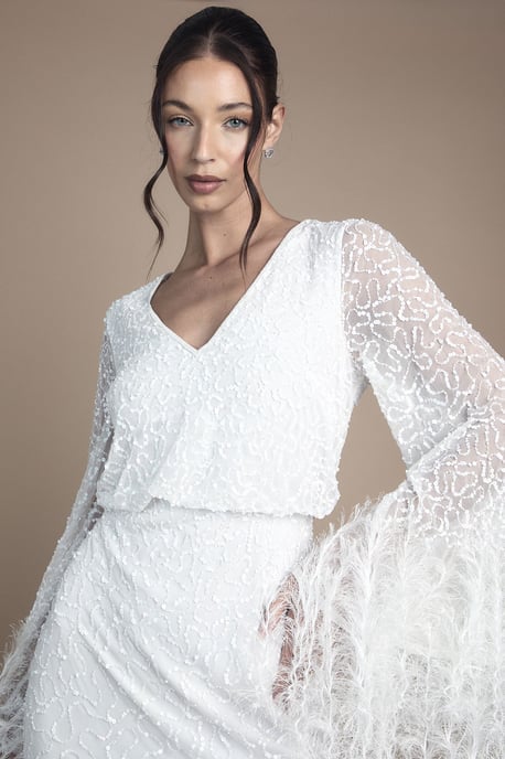 Sequin Embellished Feather Trim Long Sleeve Maxi Wedding Dress - Image 4