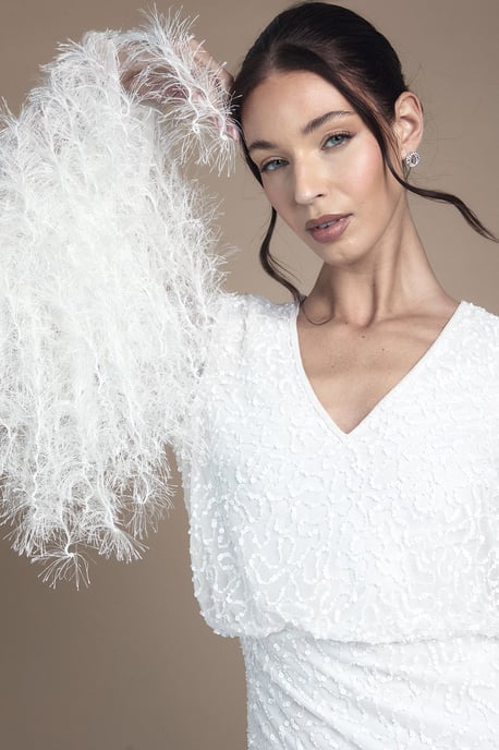 Sequin Embellished Feather Trim Long Sleeve Maxi Wedding Dress - Image 5