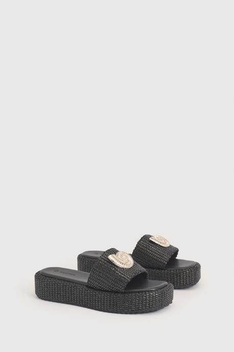 Shell Trim Detail Raffia Flatform Sandals - Image 1