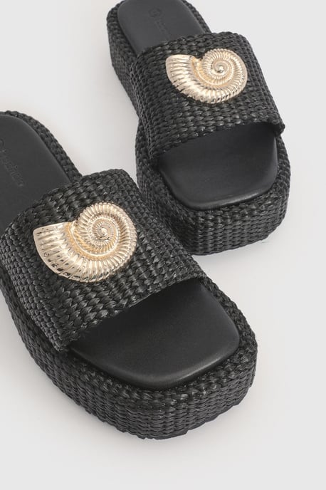 Shell Trim Detail Raffia Flatform Sandals - Image 4