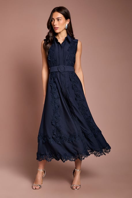 Lace Panelled Belted Sleeveless Shirt Dress - Image 1