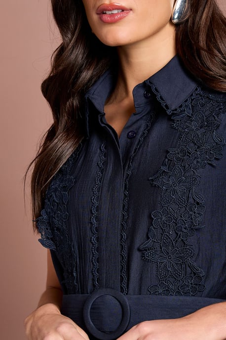 Lace Panelled Belted Sleeveless Shirt Dress - Image 4