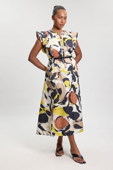 Plus Size Abstract Print Viscose Linen Woven Ruffle Sleeve Midi Dress - Image 1