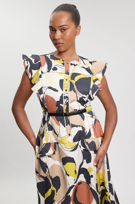 Plus Size Abstract Print Viscose Linen Woven Ruffle Sleeve Midi Dress - Image 2