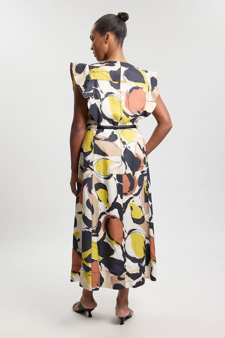 Plus Size Abstract Print Viscose Linen Woven Ruffle Sleeve Midi Dress - Image 3