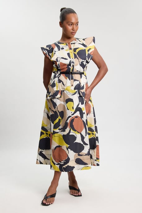 Plus Size Abstract Print Viscose Linen Woven Ruffle Sleeve Midi Dress - Image 4