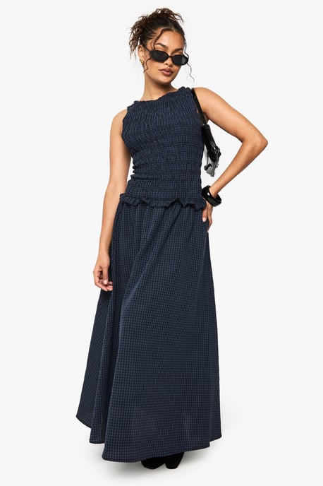 Gingham Shirred Detail Drop Waist Midaxi Dress - Image 3