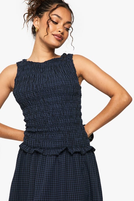 Gingham Shirred Detail Drop Waist Midaxi Dress - Image 4