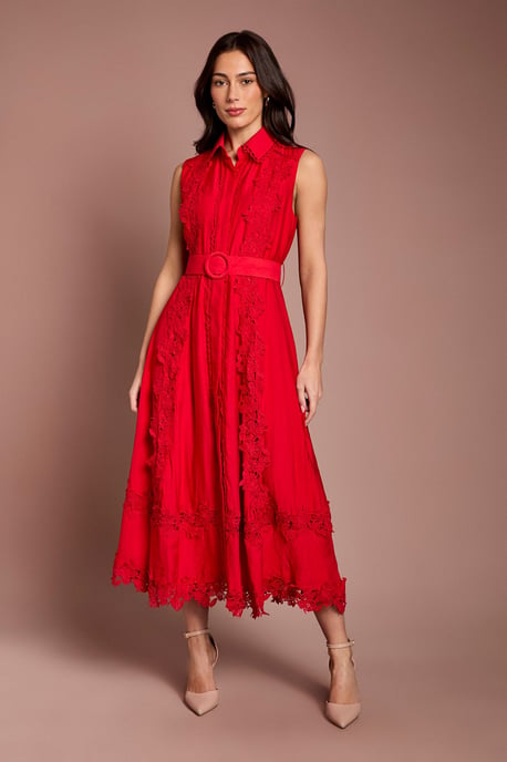 Lace Panelled Belted Sleeveless Shirt Dress - Image 1