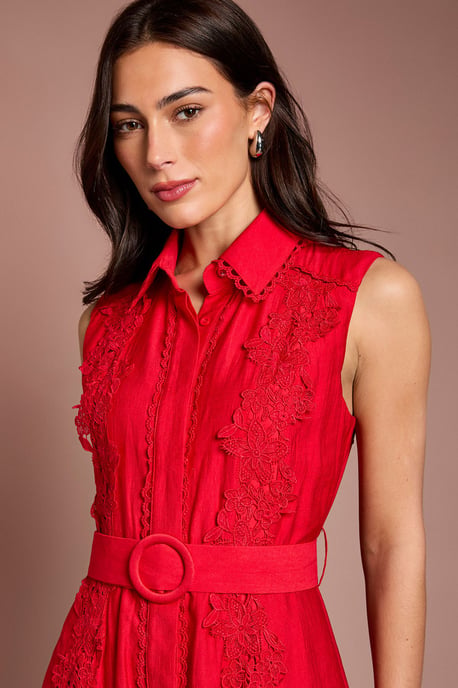 Lace Panelled Belted Sleeveless Shirt Dress - Image 4