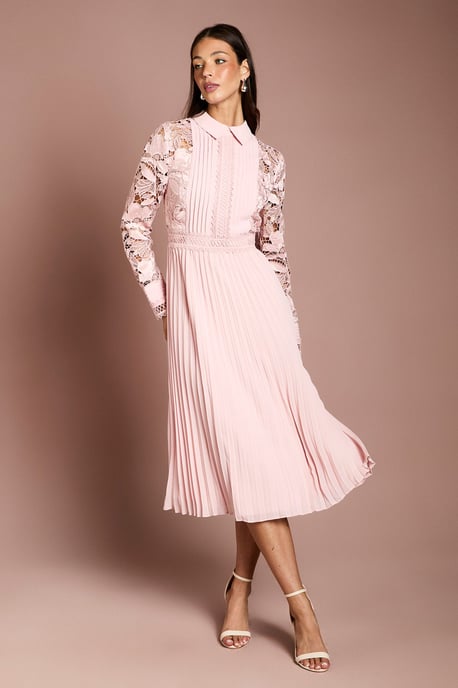 Long Sleeve Lace and Pleated Midi Shirt Dress - Image 1