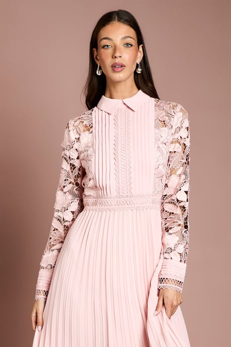 Long Sleeve Lace and Pleated Midi Shirt Dress - Image 2