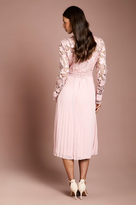 Long Sleeve Lace and Pleated Midi Shirt Dress - Image 3