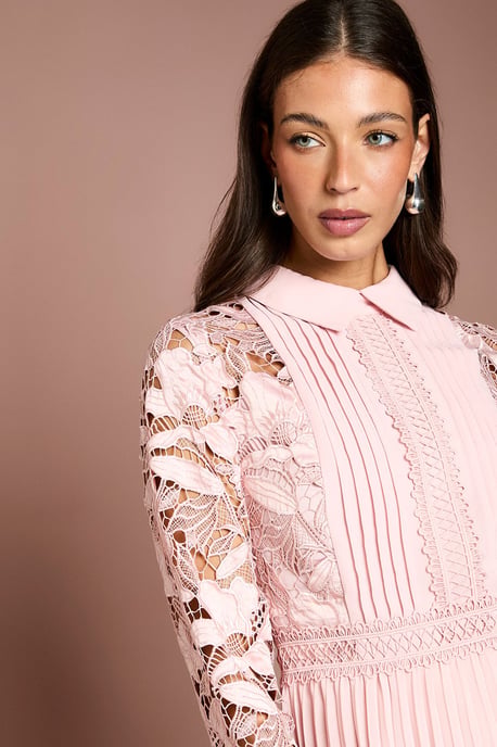 Long Sleeve Lace and Pleated Midi Shirt Dress - Image 4