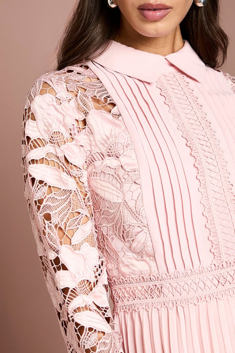 Long Sleeve Lace and Pleated Midi Shirt Dress - Image 5