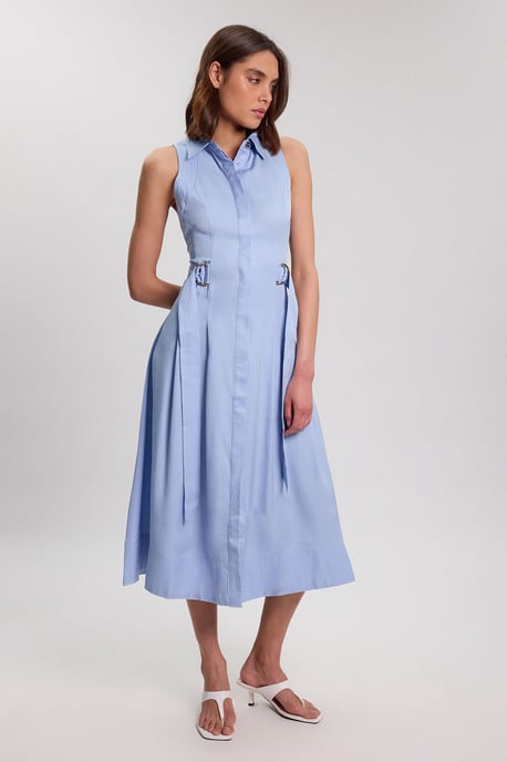 Premium Viscose Linen Topstitch Halter Neck Woven Dress With D Ring Detail - Image 1